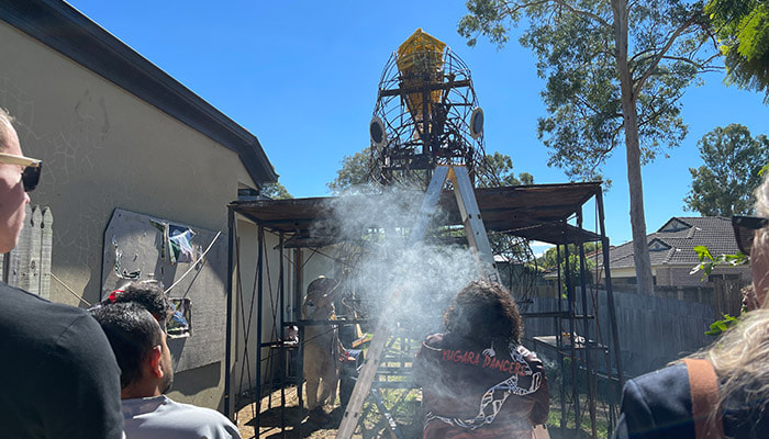 Smoking ceremony to bless the giant cockatoo sculpture